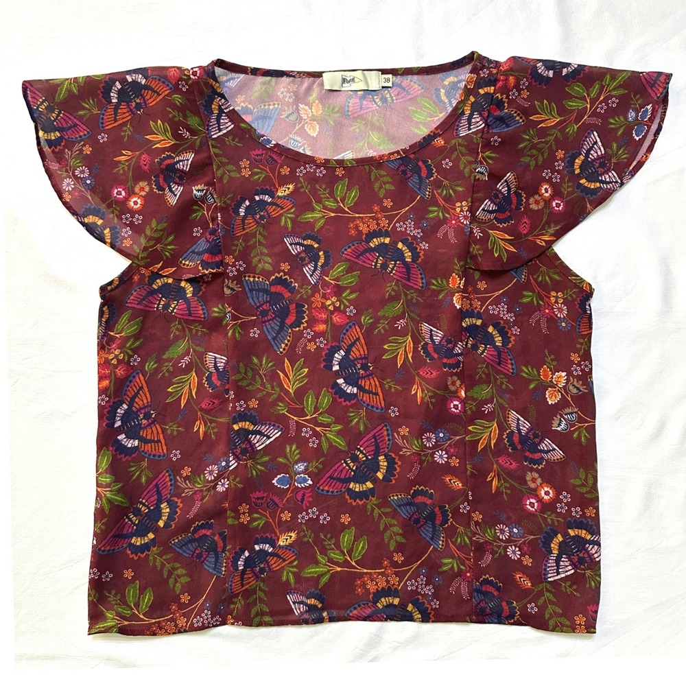 Whimsigoth‎ Butterfly Floral Sheer Top Flutter Sleeve Chiffon Blouse S Fairycore